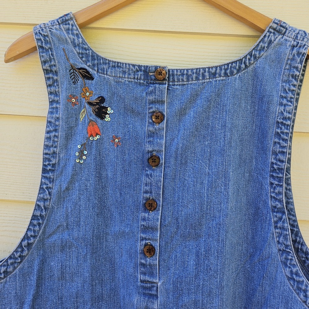 Vtg Christopher & Bank Jumper Overall Denim Dress 18W Embroidered Fall Floral - Picture 7 of 14